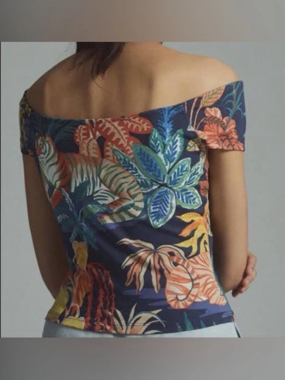 Anthropologie Maeve Tiger Jungle Print Off Shoulder Knit Top M Tropical Peplum - Picture 5 of 8